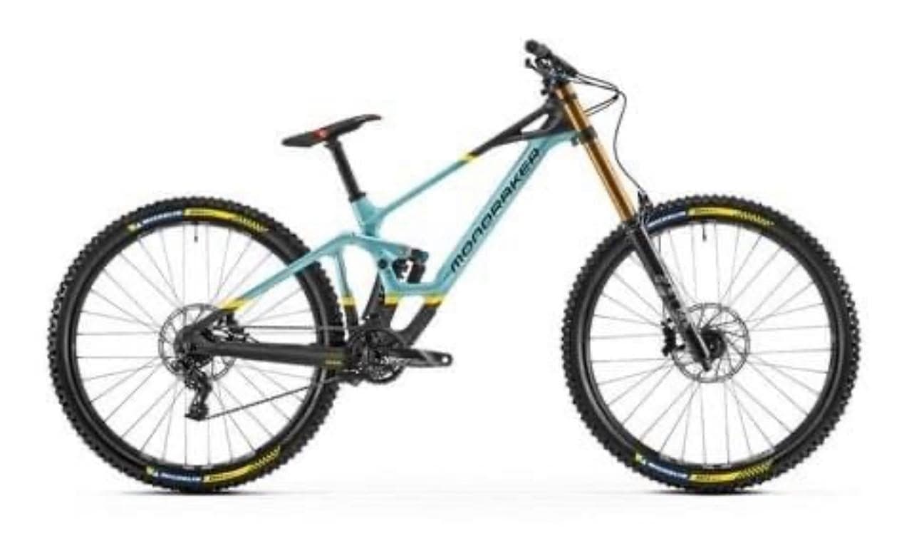 Mondraker Summum Carbon downhill bike in teal on a white background